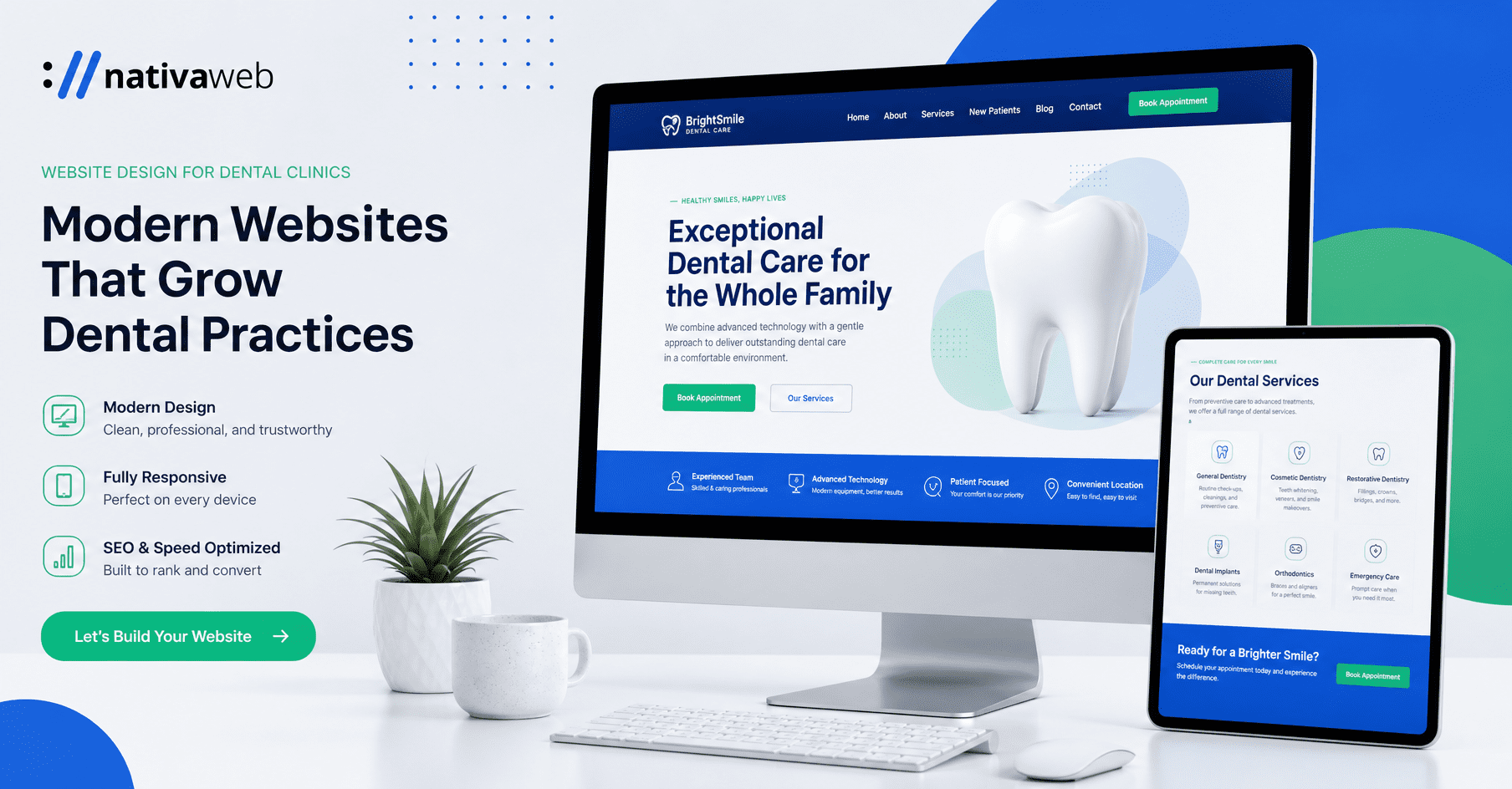 Dental clinic website displayed on desktop and tablet with blue and green brand colors