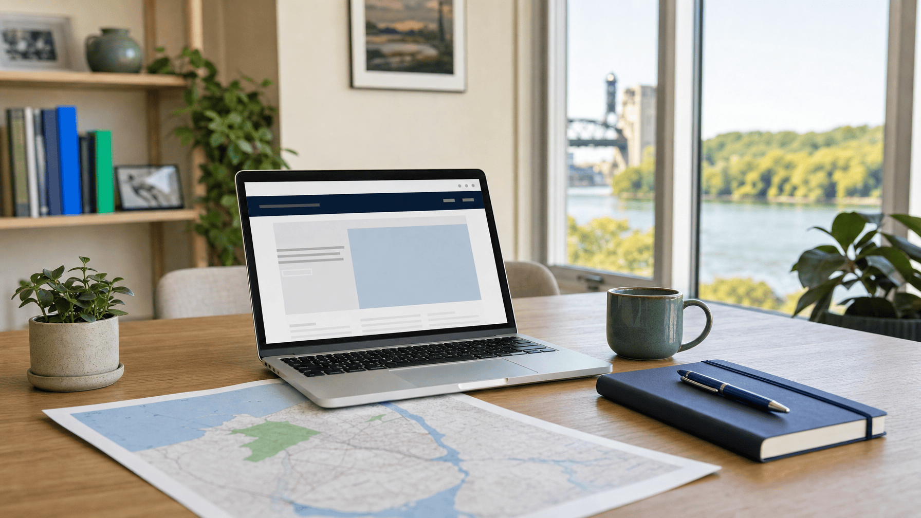 Community nonprofit workspace in Niagara with a laptop, map, and notebook on a sunlit table