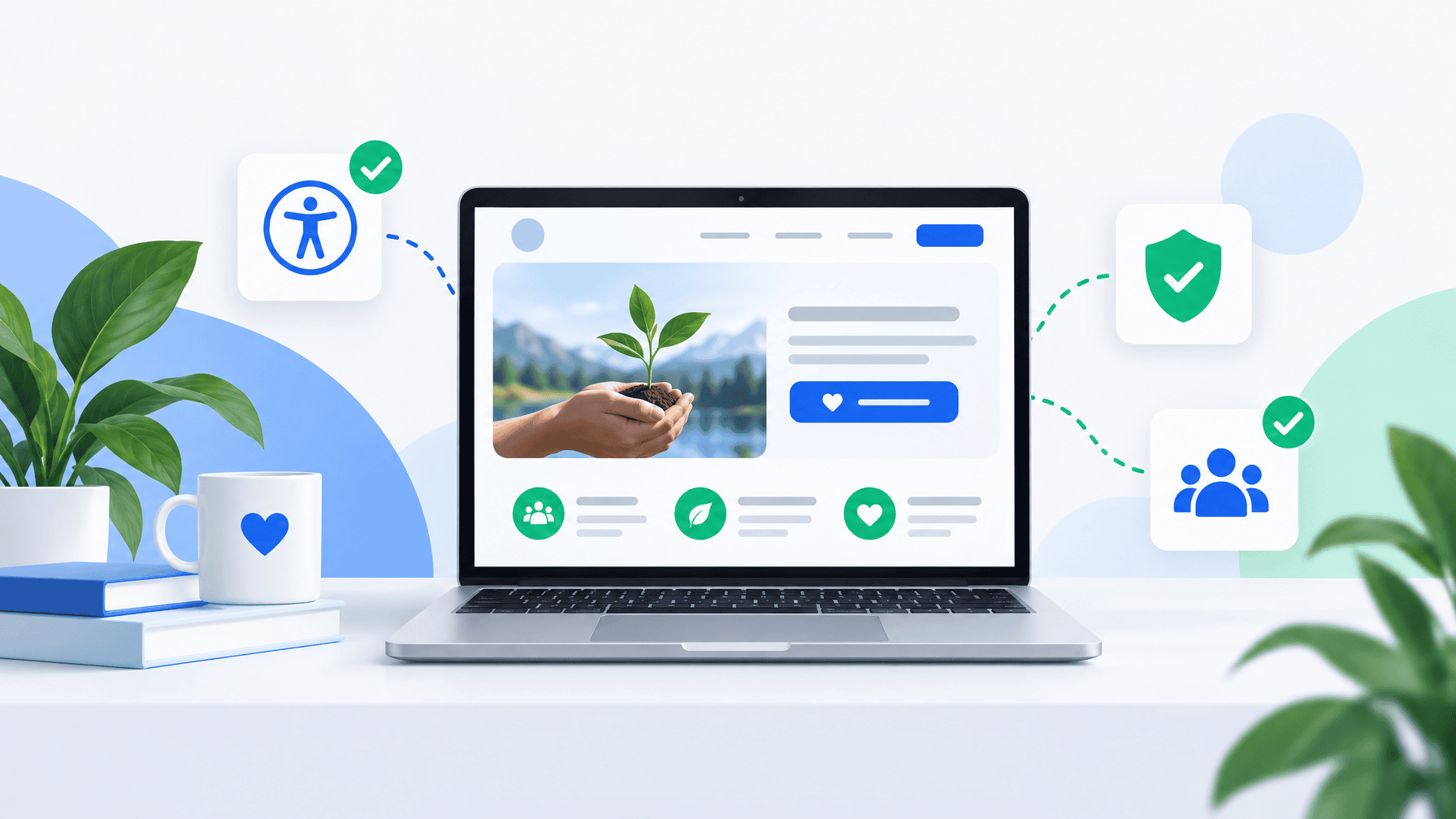 Abstract charity website mockup on a laptop with a blue Donate button and green accessibility accents on a light background